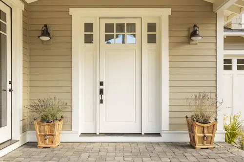 A white residential front door with plants on either side.