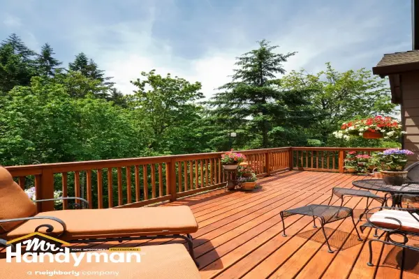 wooden backyard deck with seating