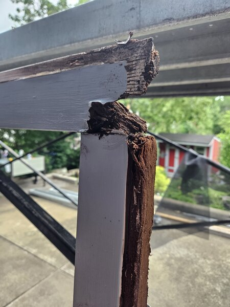 A deck railing post in need of wood rot repair in Cincinnati. Mr. Handyman professionals restored the deck to safe, appealing condition.