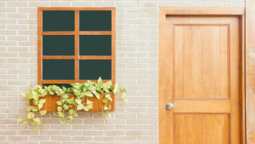 Photo of a wooden door near a window with a window box filled with vining plants.