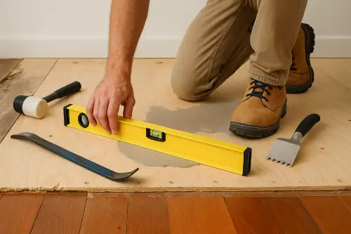 Subfloor being prepped and leveled during hardwood floor installation