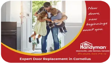 Family greeting moment by open front door.