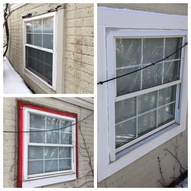 The frame around an older window, the space behind the frame, and the new frame put in place after window repairs are complete.