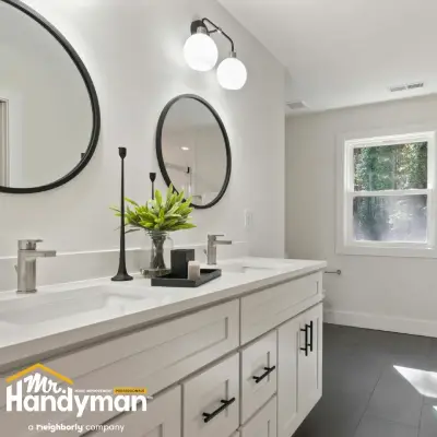 Modern bathroom vanity round mirrors.
