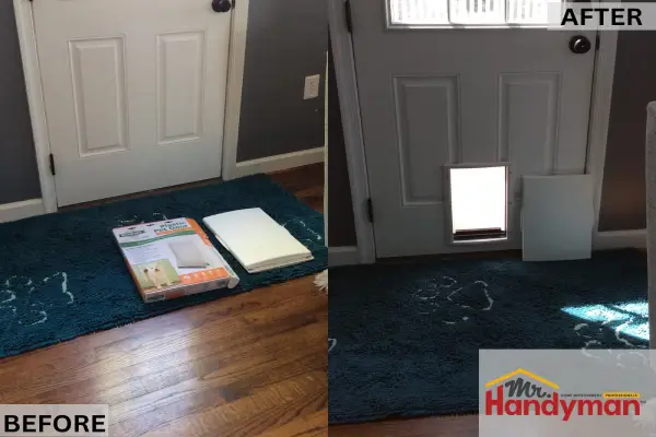 Before and after pet door installation by Mr. Handyman in Citrus Park home, showing sleek, compact design ideal for Florida living spaces