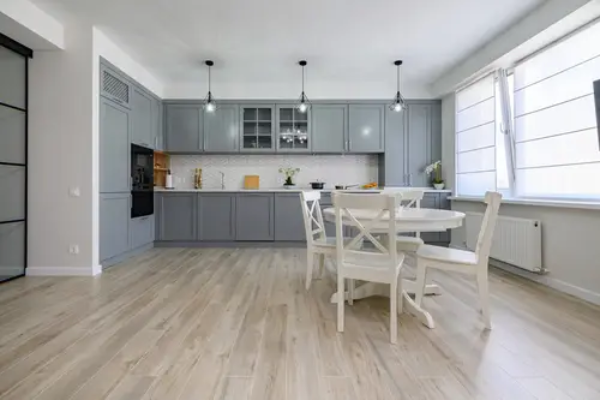 Trendy modern kitchen with wood laminate flooring
