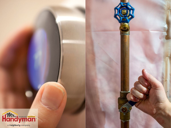 A person grips a hose while adjusting a thermostat.