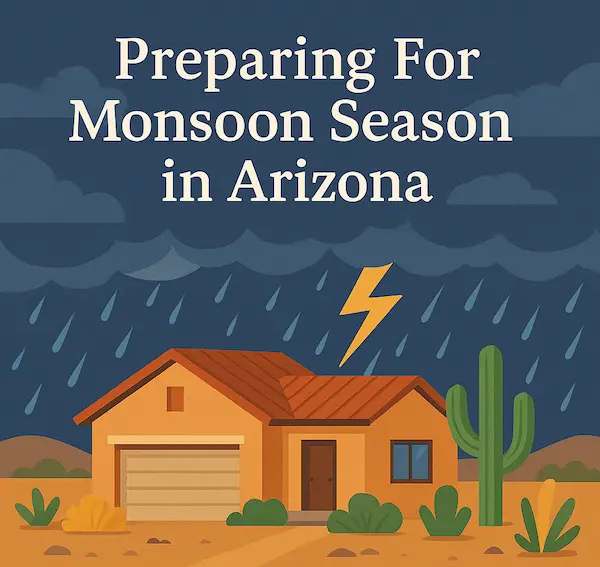 Graphic of a house in a rain storm with lighting bolt and cactus.