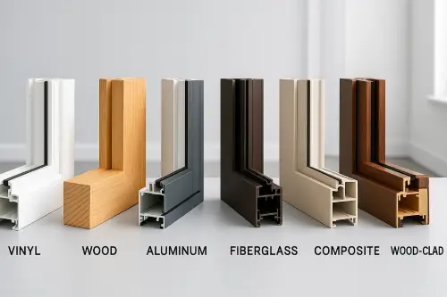 Popular window frame types compared side by side &mdash; vinyl, wood, aluminum, fiberglass, wood-clad, and more