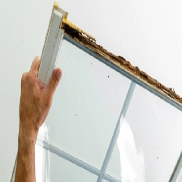A hand holding a window frame with damaged edges.
