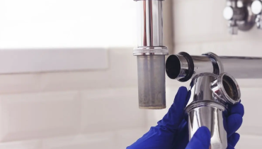 Handyman repairing locker room plumbing in Oklahoma City gym.