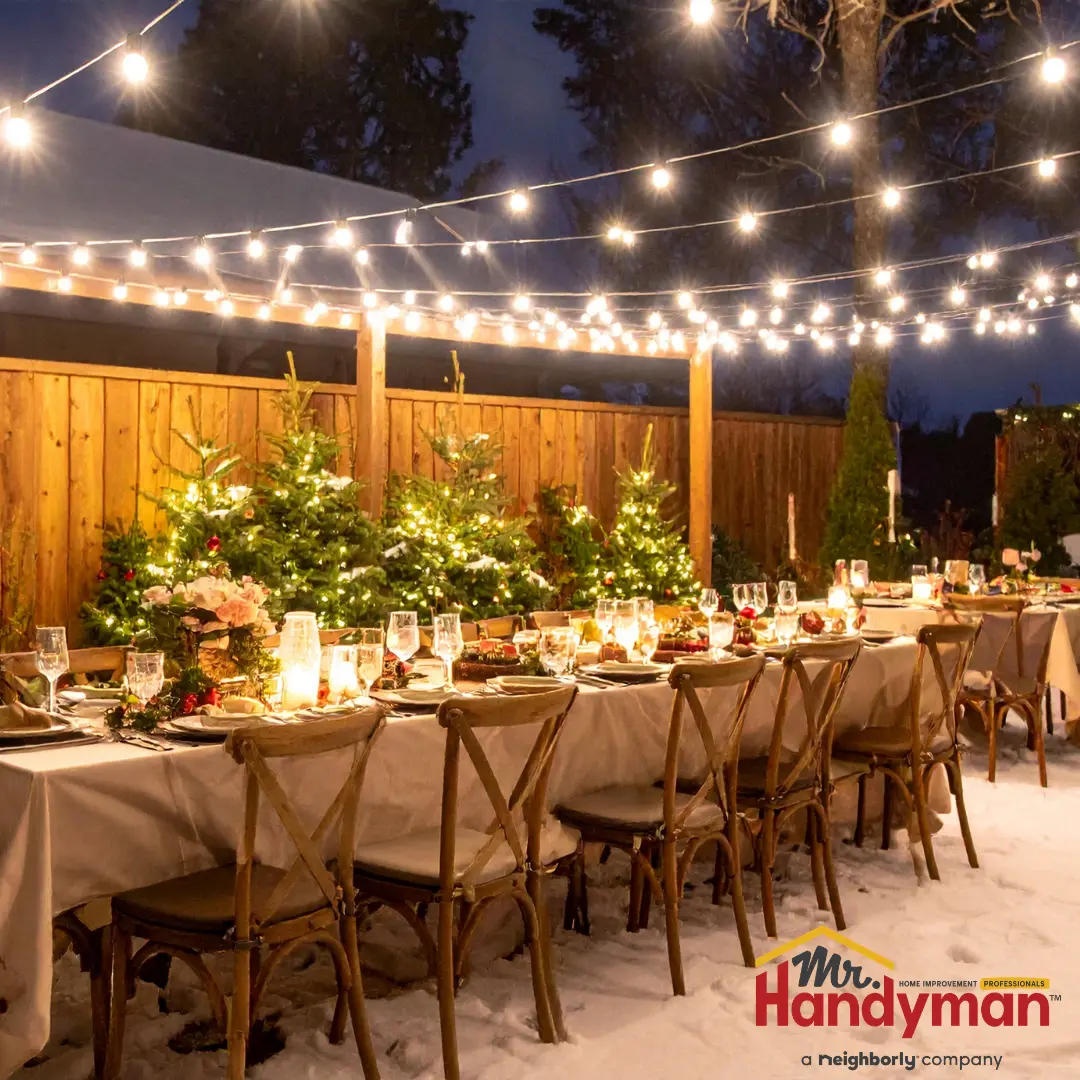An outdoor dining table set for a holiday party.