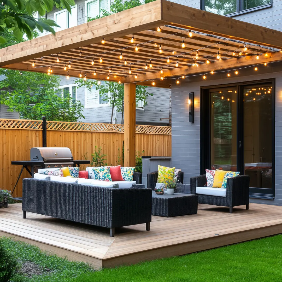 Handyman installing string lighting over a patio at a Murfreesboro, TN home