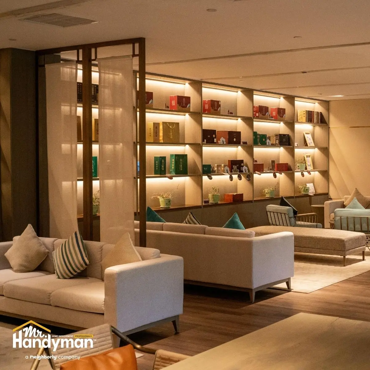 Cozy modern lounge with beige sofas.