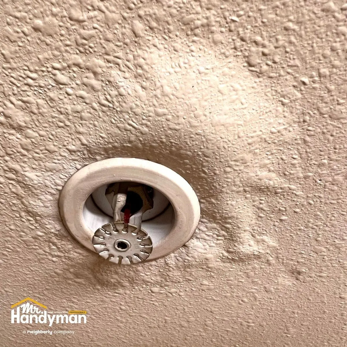 Ceiling fire sprinkler head surrounded by textured, bubbled ceiling surface indicating possible water damage.
