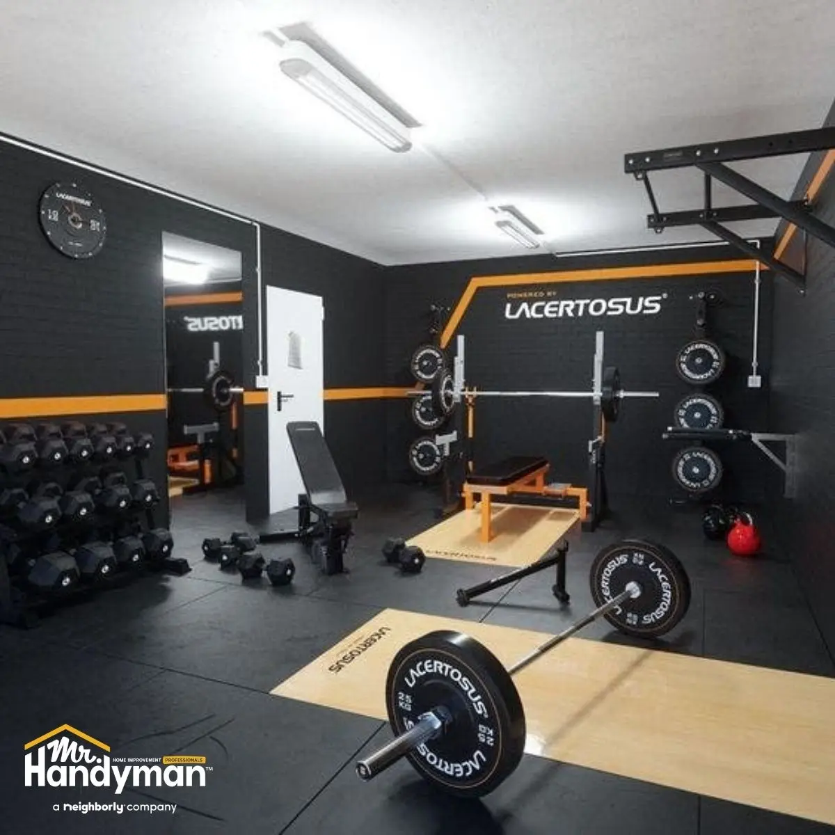 modern  gym with featuring weights a bench and barbell on a wooden platform