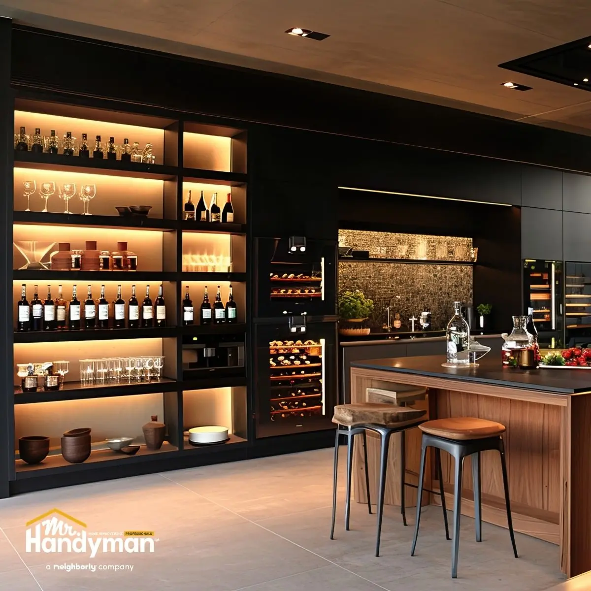 modern kitchen with a sleek black design features illuminated shelves displaying wine bottles and glasses.