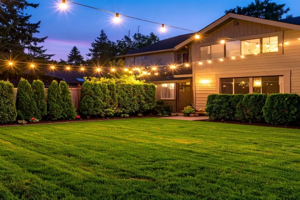 a neatly maintained suburban backyard at dusk, illuminated by warm string lights strung across the roofline.