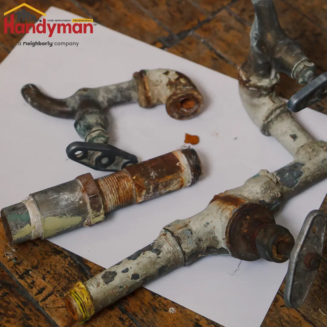 Heavily rusted and corroded plumbing fixtures, including a faucet, pipe fittings, and a valve, laid out on a white sheet of paper.