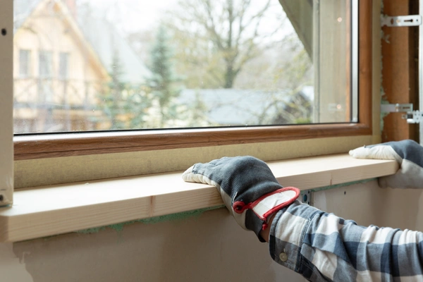 A person's hand wearing a glove is placing a wooden trim on a window sill, with a view of trees and buildings outside.