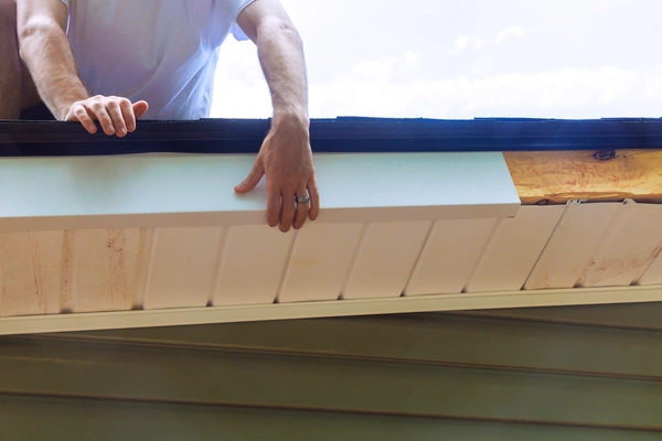 A person's hands reaching over the edge of a roof while installing a piece of siding.