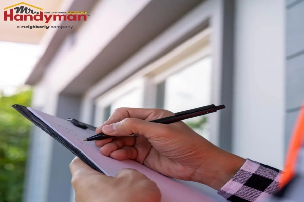 Mr. Handyman employee taking notes on a clipboard during a home inspection.