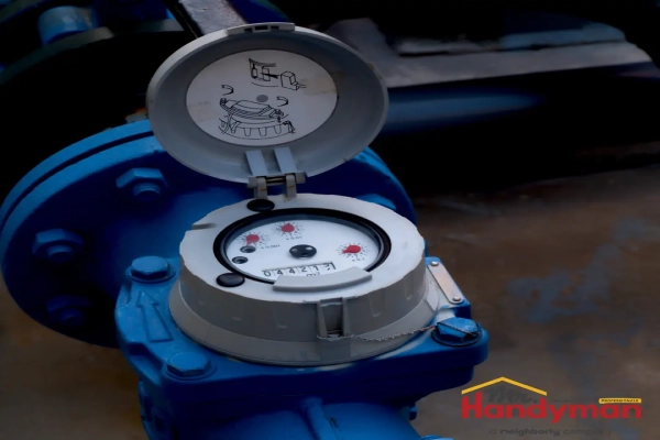 A Woltman water meter with its protective cover open, revealing the internal flow measurement dial.
