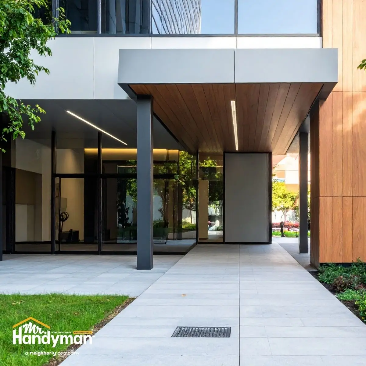 Modern building entrance with sleek glass and metal element.