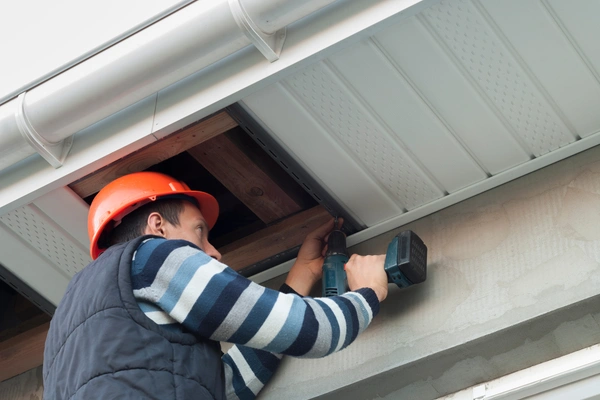 A worker uses a cordless power drill while performing construction work on the outside of a building.