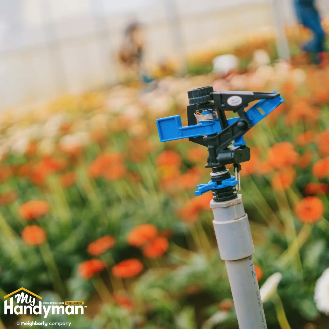Close-up of a blue and black garden sprinkler.