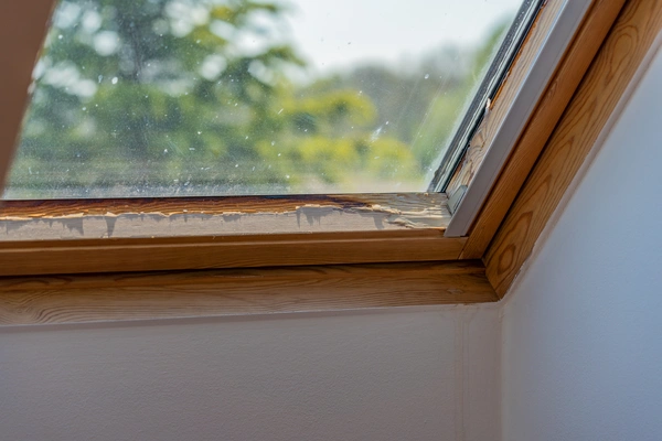 A close-up view of a skylight window with a wooden frame, showing some condensation and dirt on the glass.