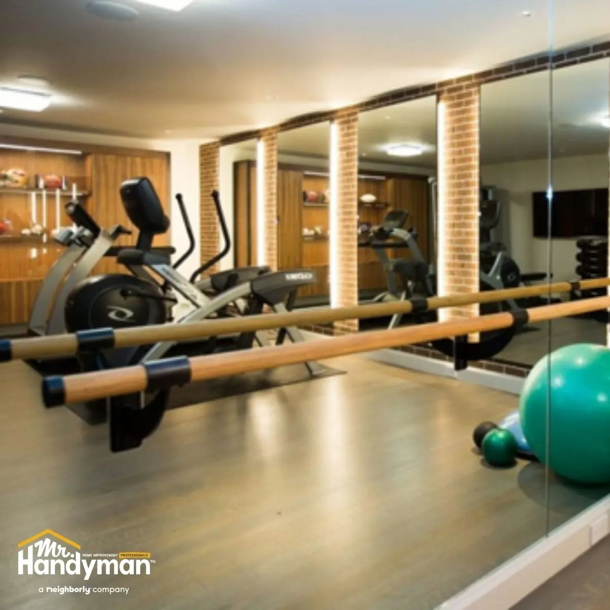 Gym featuring exercise equipments against stylish wood and brick accents.