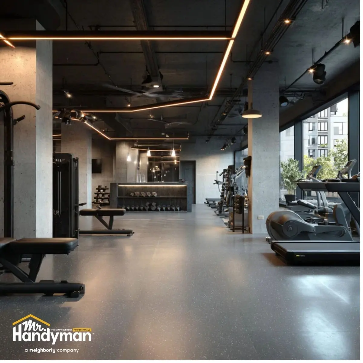 Modern gym interior featuring exercise equipment.