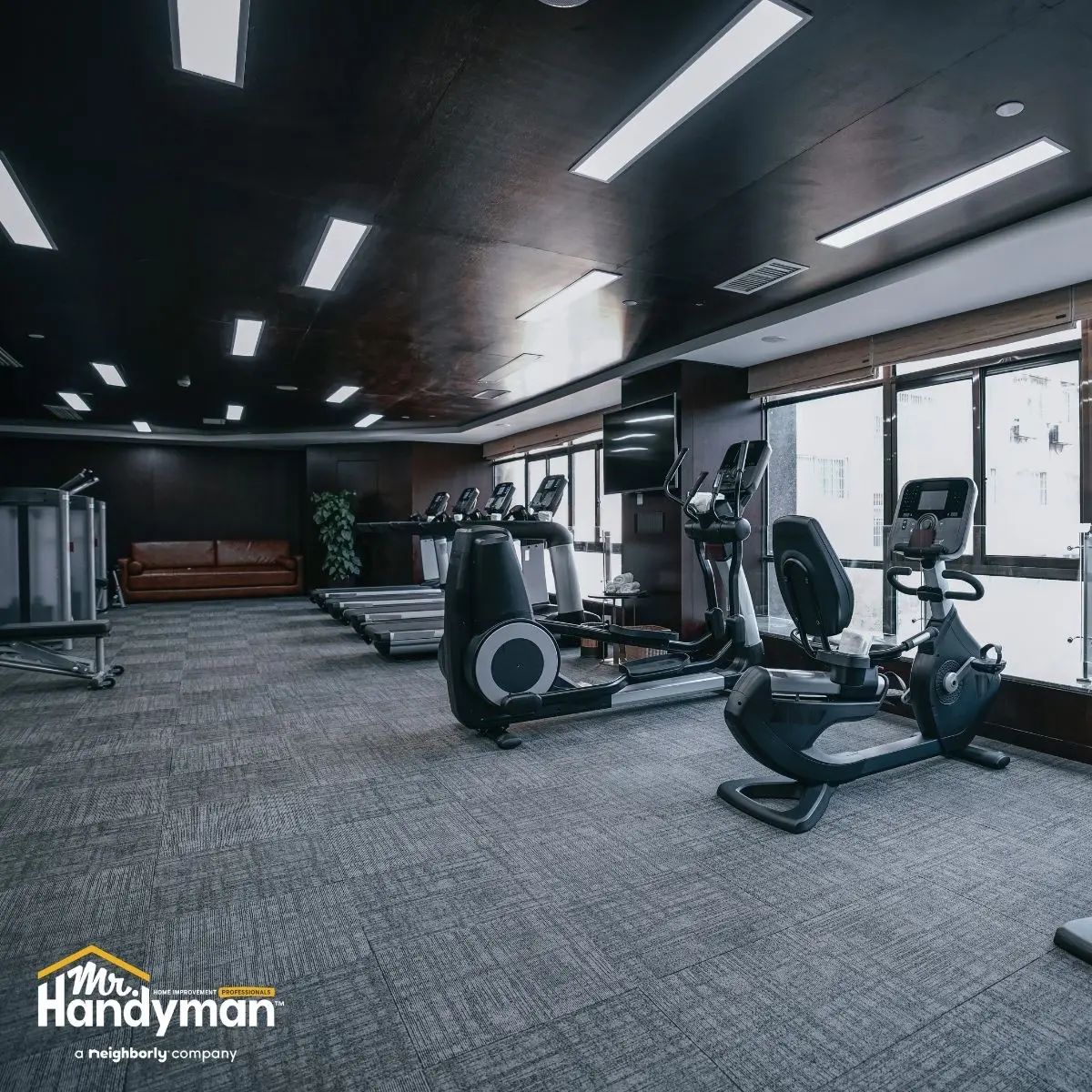 Workout equipment in a gym.