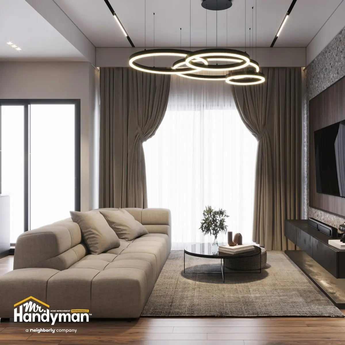 Cozy living room with gray sofa.