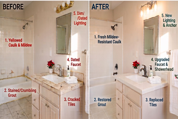 Before and after images of handyman bathroom upgrades, including new caulk, grout, tiles, and fixtures.