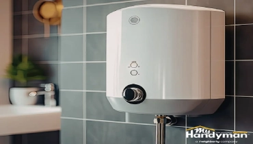 Modern electric water heater mounted on a tiled wall.