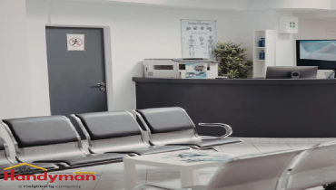 A waiting area with a reception desk.