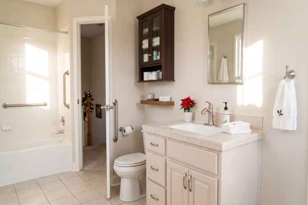 Bright guest bathroom featuring grab bars, wall storage, and brushed nickel fixtures. 