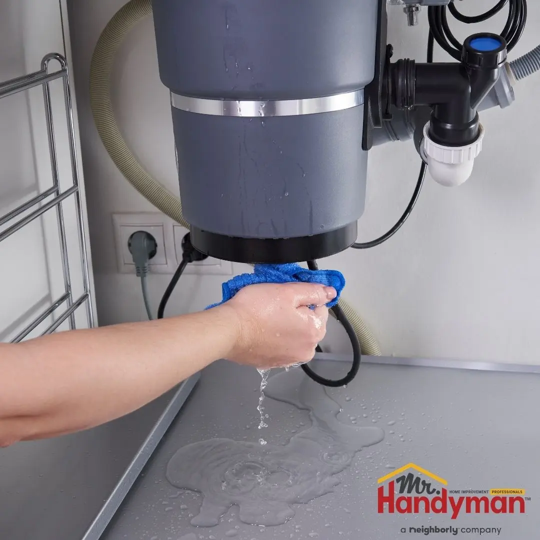 A garbage disposal leaking from the bottom, with water pooling on the countertop beneath it.