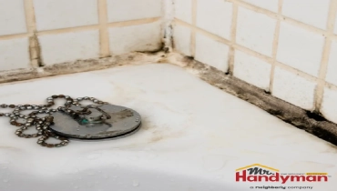 Dark mold and mildew build up along the corner caulking.