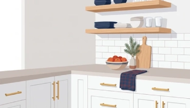 Kitchen with brushed brass cabinet pulls, white subway tile backsplash, and open wood shelves
