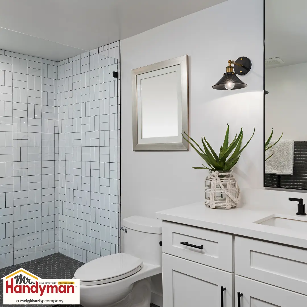 modern bathroom with white vanity-black fixtures