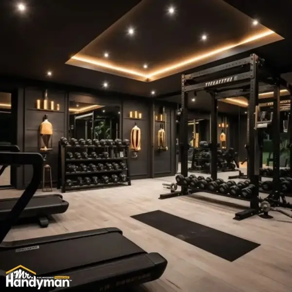 Mr. Handyman technician repairing wall and ceiling damage inside a Nashville fitness facility to restore brand image