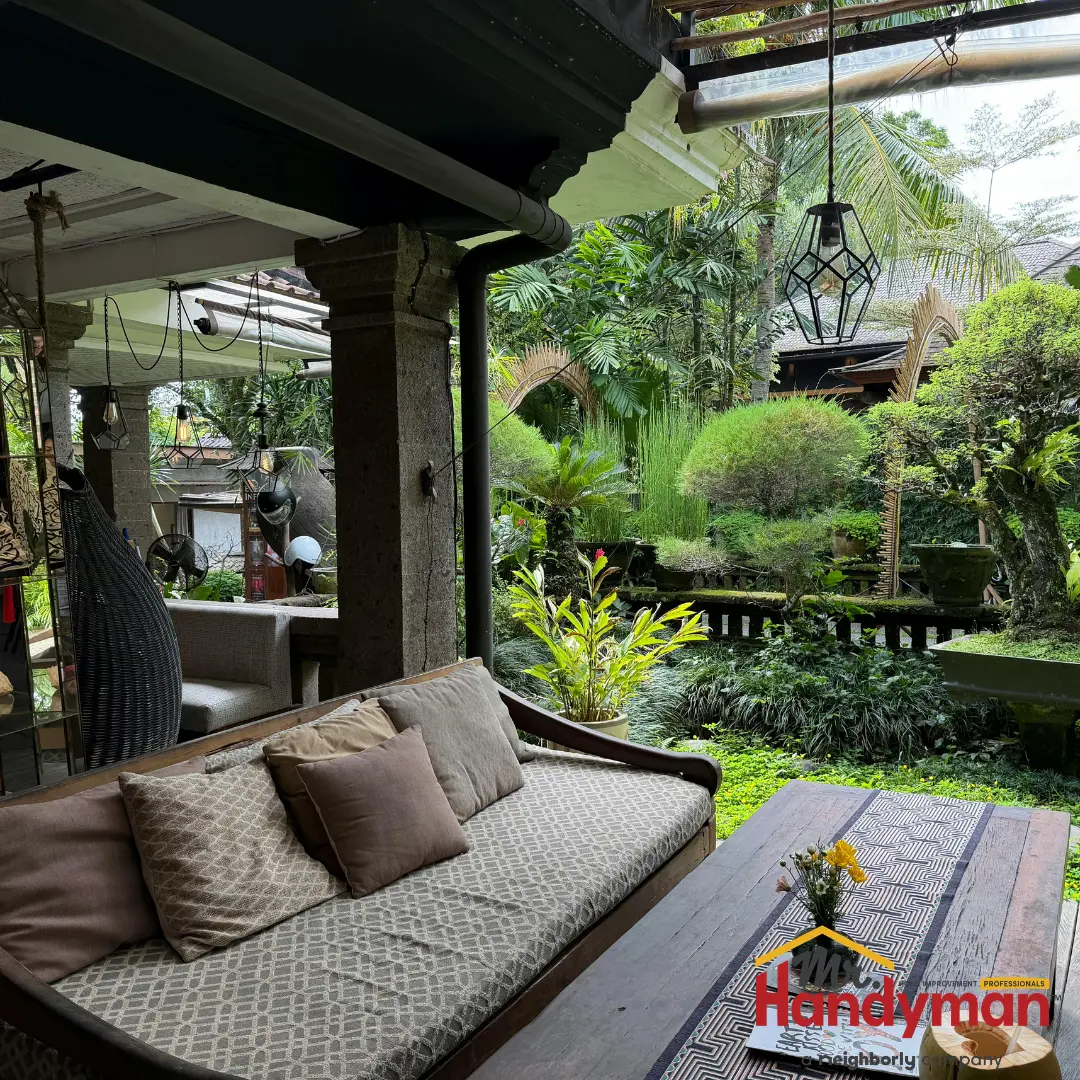 A beautiful backyard with a patio and a wooden table.