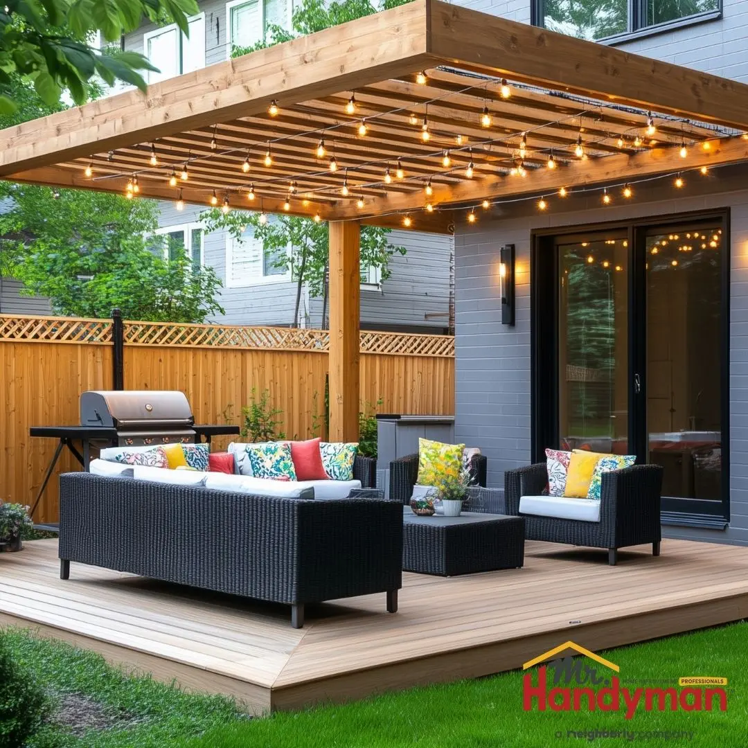 Black wicker patio furniture sits on a wooden deck under a pergola with string lights.