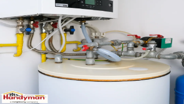 Water heater system with connected pipes.