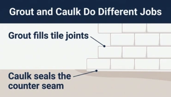 Diagram showing grout between backsplash tiles and caulk where tile meets the countertop