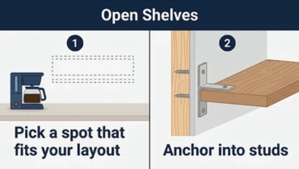 Infographic showing 2 shelf steps: pick a spot, then anchor brackets into studs