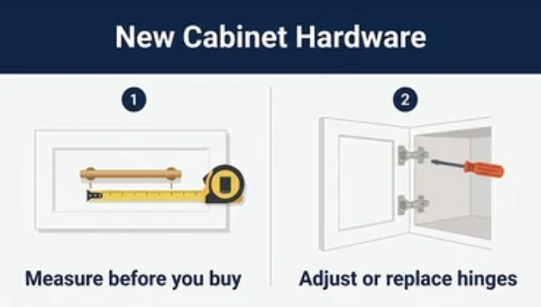 Infographic showing 2 steps: measure pull hole spacing, then adjust or replace cabinet hinges